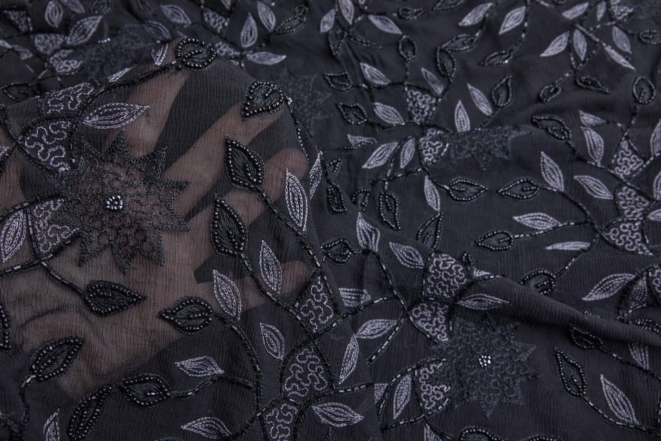 Vintage Black Silk Chiffon w/Grey Chain Stitch and Black Beading Floral Vines