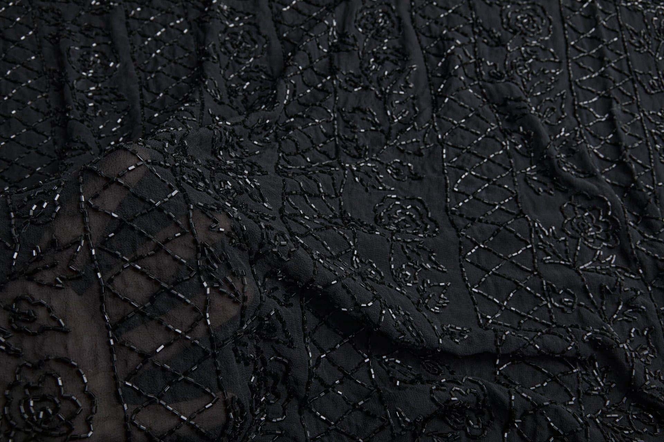Vintage Beaded Black Silk Chiffon w/Black Trellis and Floral Bands