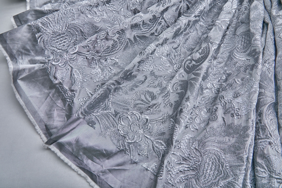 Heavy Jacquard Style Embroidery - Silver Metallic on Grey