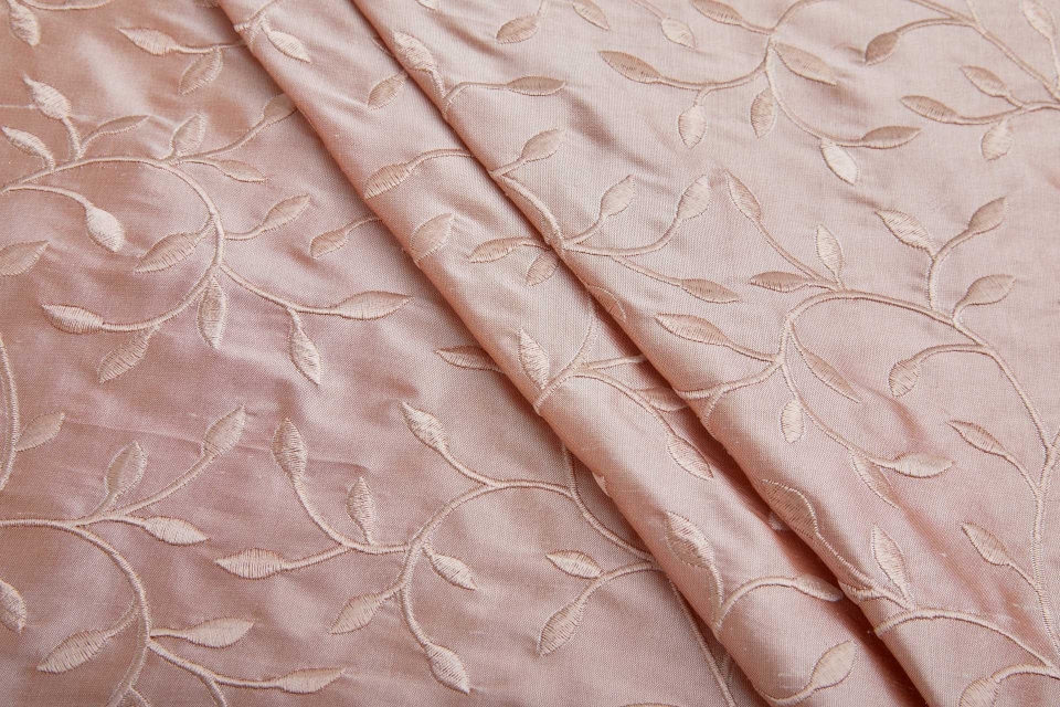 LAST PIECE - Embroidered Silk Dupion - Pink Leaves and Vines On Pink