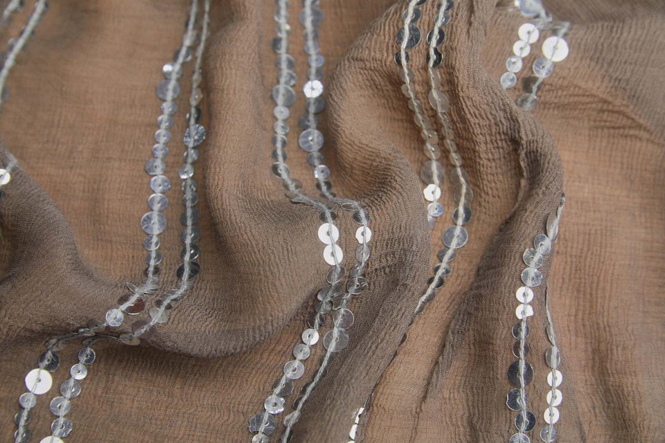 Mushroom Chiffon with Silver Sequins in Lines