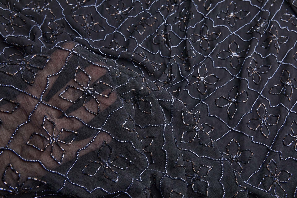 Vintage Black Chiffon with Grey and Bronze Beads in a Quatrefoil Pattern