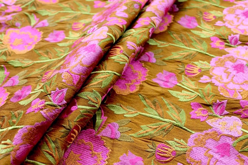 Ethnic Style Floral Embroidered Dupion - Amber/Pink