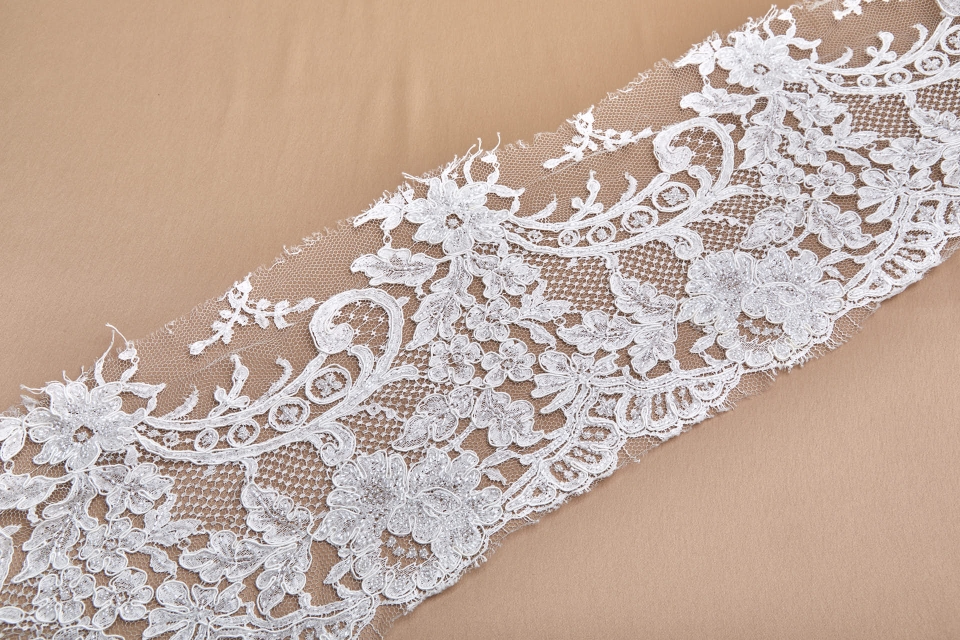 Beaded Corded Scroll Border Lace Trim - Ivory
